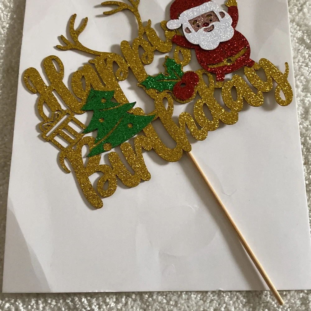 Merry Christmas Happy Birthday Santa Gold Party Cake Topper Decoration New